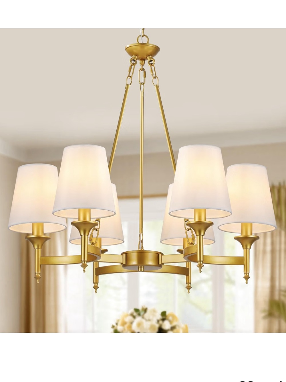 NIB Gold Chandelier White Shades, 6-Light Modern Farmhouse Chandeliers Pendant